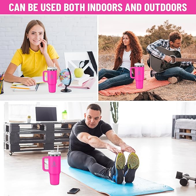 40oz stainless Steel Insulated Tumbler with Handle, lid and straw for cold water, Iced tea, or coffee - 100% Leak-Proof - Cupholder Friendly Travel Mug- Gifts for Women Men Him Her (Pink)