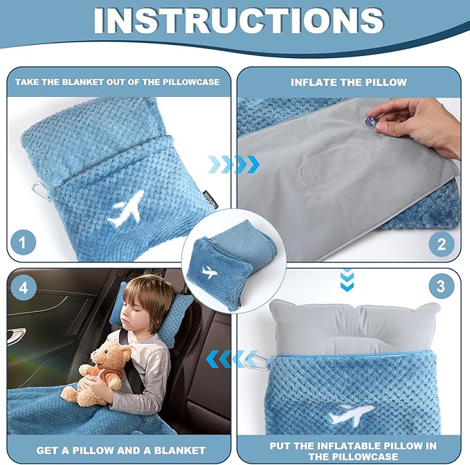 3 in 1 Travel Pillow and Blanket Set - 280 GSM Travel Blanket Airplane Compact with Bag, Inflatable Travel Pillow, Packable Airplane Blanket, Luggage Sleeve & Backpack Clip (Slate Blue)