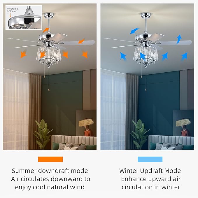 NicBex Ceiling Fan 52 Inch Modern Ceiling Fan with Lights Ceiling Fans with 5 Reversible Blades and Remote Control Ceiling Fan with Crystal Shade for Bedroom, Living Room, Silver