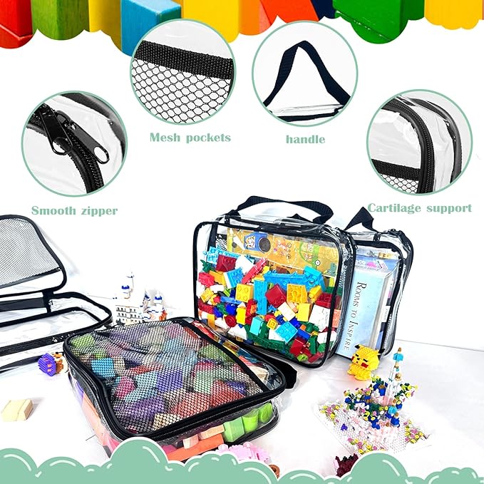 4 Packs PVC Toy Zippered Blocks, Travel Storage Case Bags for Organizing, Waterproof Toy Storage Bags with Mesh Pockets for Building Blocks, Puzzles, Clays,Toy Cars 13.3"Lx3" Wx10.4" H (Black).