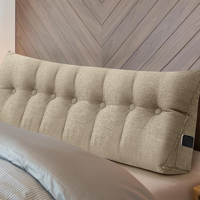 Wenqik Wedge Pillow Triangular Dorm Headboard Bed Rest Reading Backrest Back Support Long Bolster Pillow with Removable Cover for Dorm Room Supplies(Khaki Gray,King (79 x 20 x 8 Inch))