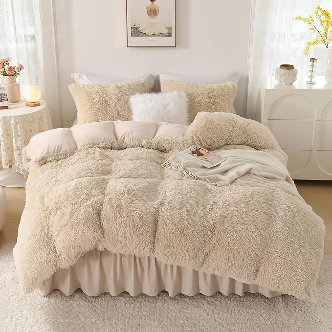 Litanika Beige Plush Comforter Full Size, Luxury Fluffy Shaggy Bedding Set for Full Bed, Ultra Soft Velvet Faux Fur Comforter 3 Pieces(1 Fuzzy Comforter 79×90 Inch, 2 Pillowcases)