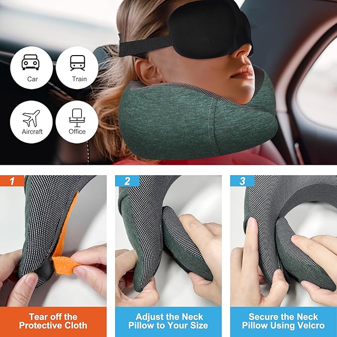 MULIHOMI™ New Packaging Updated Travel Pillow for Airplane with 100% Memory Foam, 360° Adjustable Full Surrounding Flying Neck Pillows, Travel Pillow Set with 3D Eye Masks, Earplugs (Deep Green)