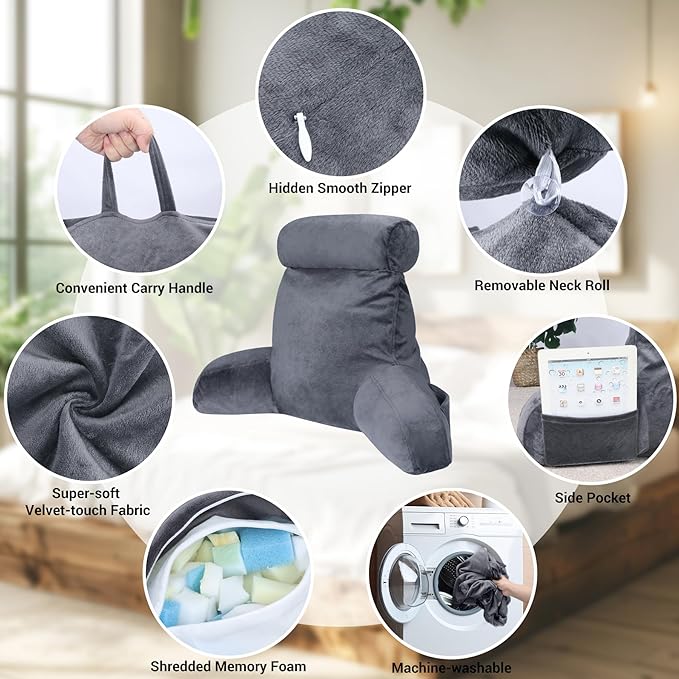 COOLBEBE Reading Pillow for Bed Backrest Pillow for Bed Sitting Up Adult with Arms Grey Back Support Pillow with Headrest & Pockets, Removable Washable Cover and Detachable Neck Roll(Standard 18")