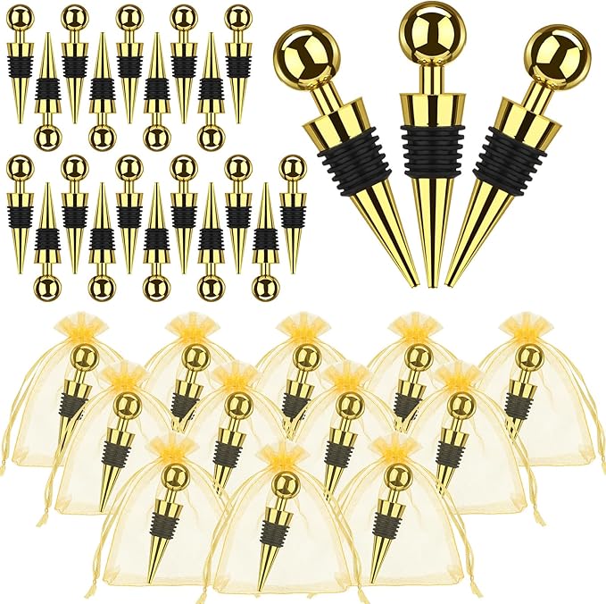 48 Pcs Gold Wine Stoppers Bulk Wine Saver Wedding Party Gifts Favors for Guests Stainless Steel Bottle Stopper Wine Corks Beverage Vacuum Silicone Stopper with Sheer Bags for Wedding Bar