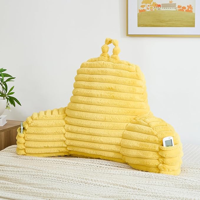 Faux Fur Fluffy Yellow Reading Pillow with Pockets, Luxury Striped Plush Decorative, Arm Rests and Back Surport for Bed Rest, Lounging on Sofa, Standard