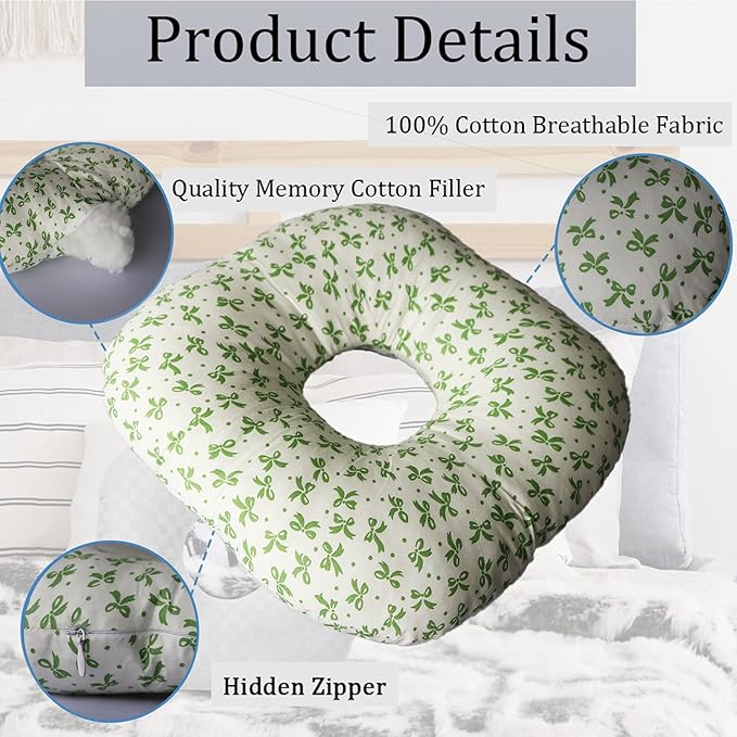 Ear Piercing Pillow for Side Sleepers, Pillow with an Ear Hole for CNH and Ear Pain Ear Inflammation Pressure Sores, O-Shaped Side Sleeping Pillow, Ear Guard Pillow(Green Flower)