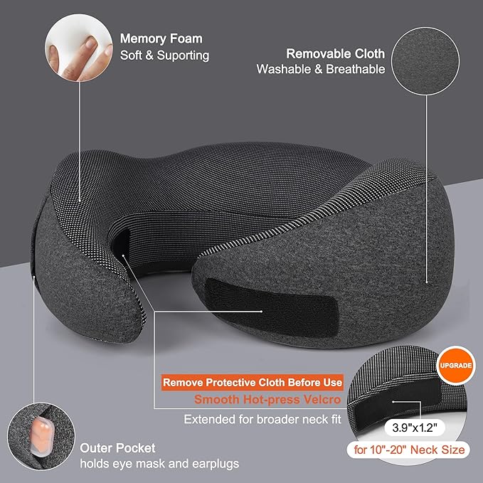MULIHOMI™ Travel Pillow for Airplane with 100% Memory Foam, 360° Adjustable Full Surrounding Flying Neck Pillows, Travel Pillow Set with 3D Eye Masks, Earplugs (Black)