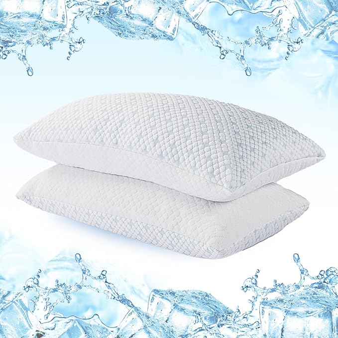 Shredded Memory Foam Pillows for Hot Sleepers, Cooling Adjustable Bed Pillows for Side, Back or Stomach Sleepers, Neck Pillows for Sleeping, Queen Pillow with Removable Cover (2 Pack, Cooling)