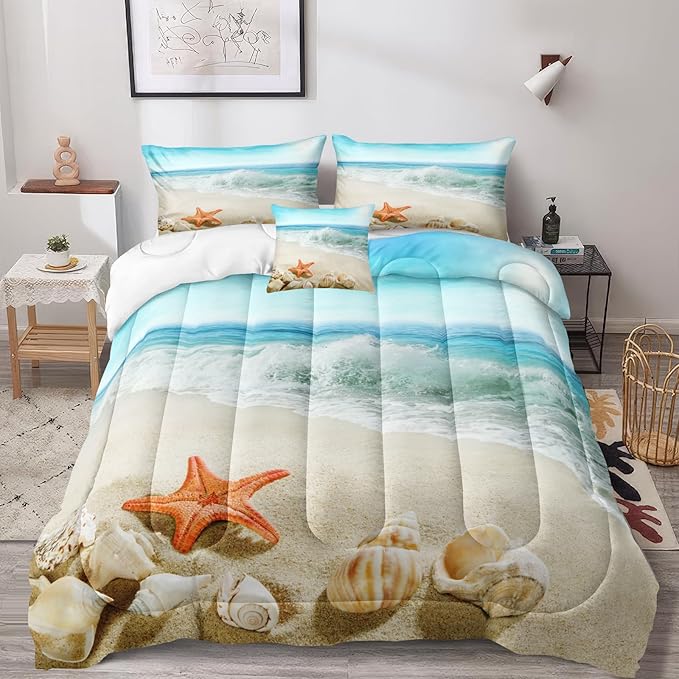 Bedbay Beach Bedding California King Coastal Comforter Set Boys Girls Beach Theme Room Decor Starfish Seashore Beach Quilt Set 4 Pcs Beachy Duvet Insert Down Comforter for All Seasons(104" Wx96 L)