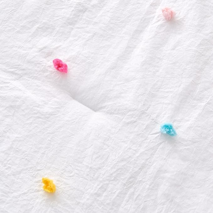 4 Piece White Boho Toddler Bedding Sets for Girls Colorful Pom Pom Comforter Set Jacquard Tufted Dot Crib Bed Sheets Set for Baby Bed in a Bag, Include Comforter, Flat Sheet, Fitted Sheet, Pillowcase