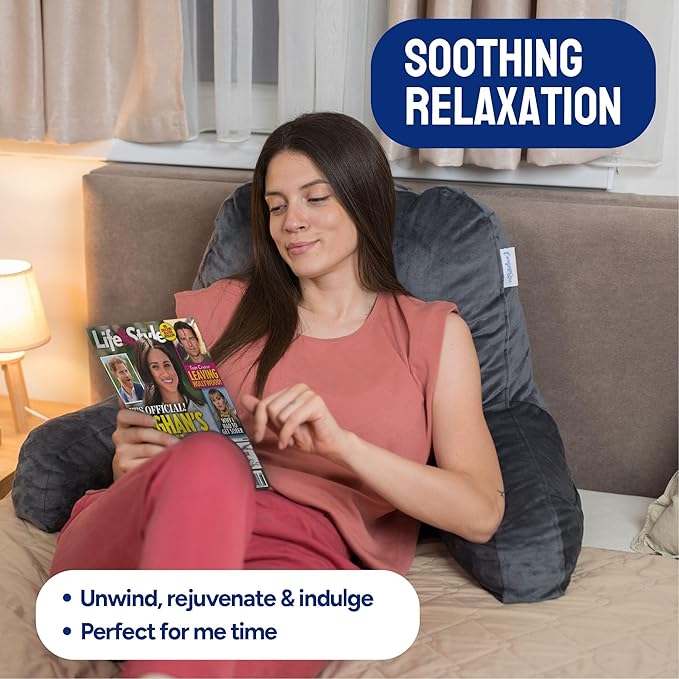 ComfortSpa Reading Pillow for Bed Adult Size, Back Rest Pillow with Arms, Pockets and Washable Cover; Use as a Back Pillow for Bed Sitting Up for Bedrest or Relief from GERD Heartburn (X-Large Grey)