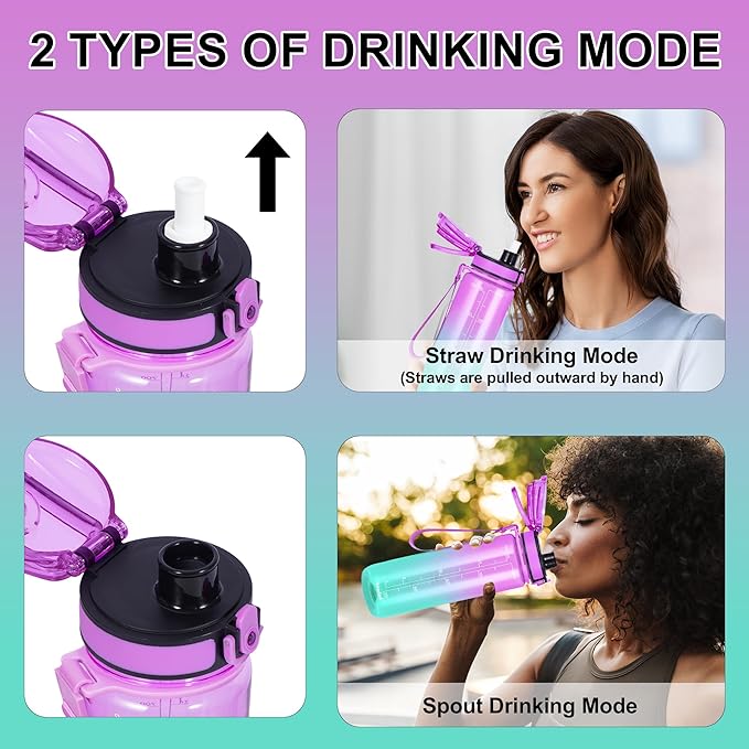 32 oz Water Bottle with Detachable Straw, Clear Motivational Water Bottles with Time to Drink, Tritan & BPA Free Sports Water Jug with Time Marker, Upgraded handle design