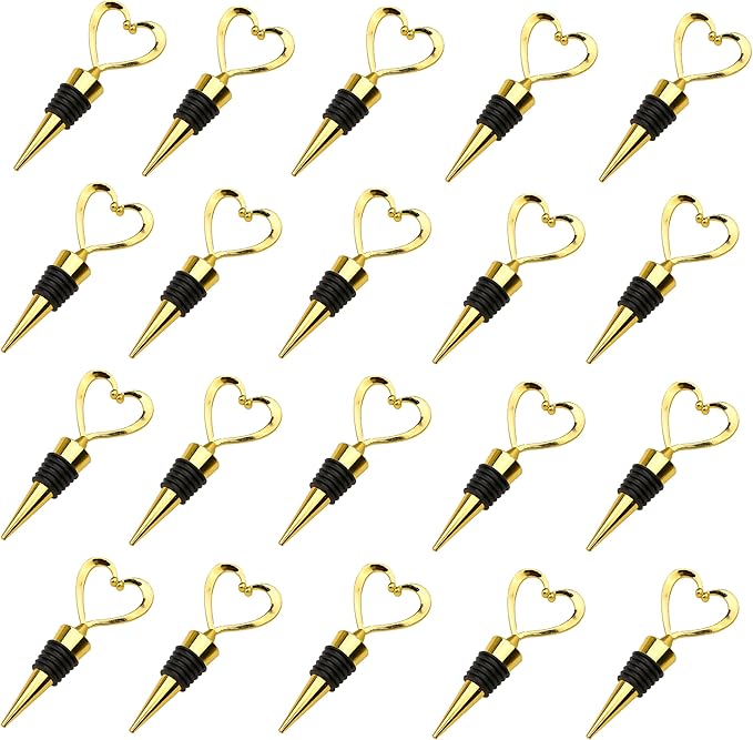 20PCS Heart Wine Stoppers, Love Shaped Design Bottle Stopper for Wine Beverage Guests Gift Summer Beach Party Favors Valentine's Day Souvenirs Bridal Shower Wedding Supplies Bulk-Gold