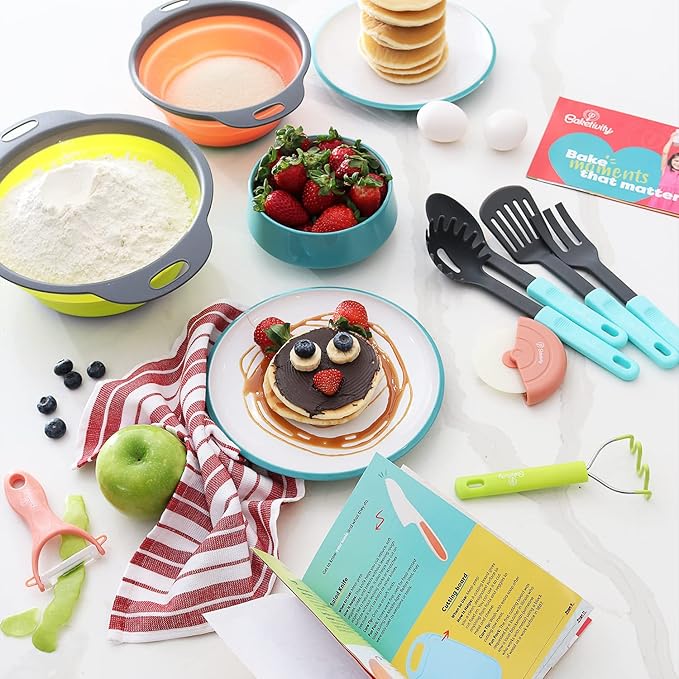 Baketivity Kids Cooking Set Real Utensils With Kitchen Tool Guide - Complete Junior Cooking Set Gift For Girls Or Boys With Mixing Bowls, Cutting Board, Knife, Apron - Kids Baking Set For Real Cooking