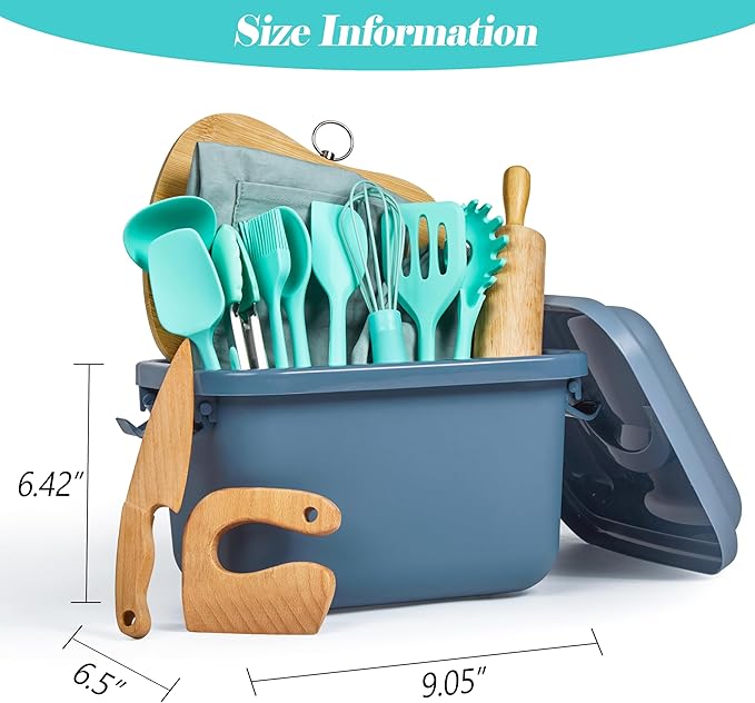 Kids Cooking & Baking Sets Real Little Chef Cooking Utensils Kitchen Set Gifts for Girls Boys Juniors with Utensils Cutting Board Kids Safe Knife Rolling Pin Apron Storage Box (Blue Green)