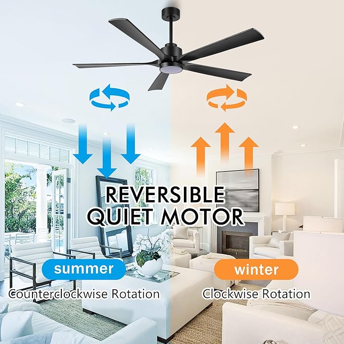 52" Modern Ceiling Fan with Light and Remote Control, 5 Solid Wood Blades 6-Speed Noiseless Reversible DC Motor, Ceiling Fan for Bedroom Dinning Living Room, Black