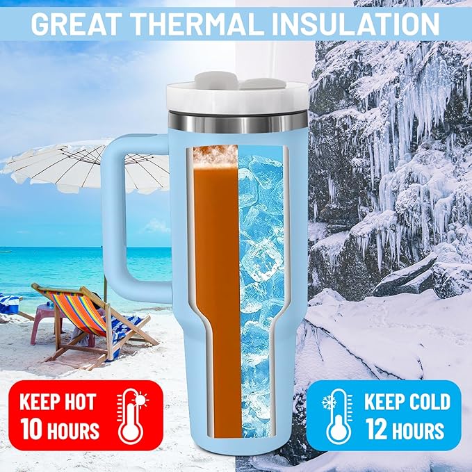 40oz stainless Steel Insulated Tumbler with Handle, lid and straw for cold water, Iced tea, or coffee - 100% Leak-Proof - Cupholder Friendly Travel Mug- Gifts for Women Men Him Her (Blue)