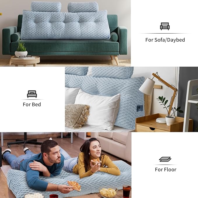 Wedge Headboard Pillow - Bed Wedge Pillow for Headboard Triangular Headboard Pillow with Neck Roll Pillow-Large Bolster Pillow for Sitting in Bed Backrest Positioning Support (Blue,59x8x20 Inches)