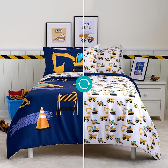 Joiedomi Kid Twin Comforter Set - 5 Piece Construction Vehicle Bedding Set for Boys/Girls - Super Soft Microfiber Bed in a Bag with Comforter, Sheets, Pillowcase & Sham