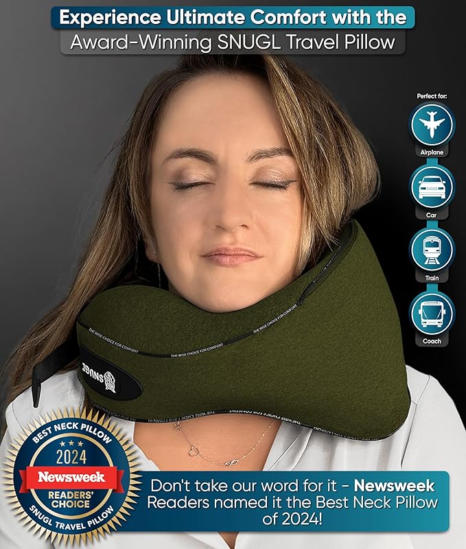SNUGL Neck Travel Pillow - Memory Foam Airplane Pillow - Flight Pillow | Neck Support Travel Pillow with Carry Bag & Clip | Neck Pillows for Sleeping Travel Plane | Flying Travel Essentials - O.Green