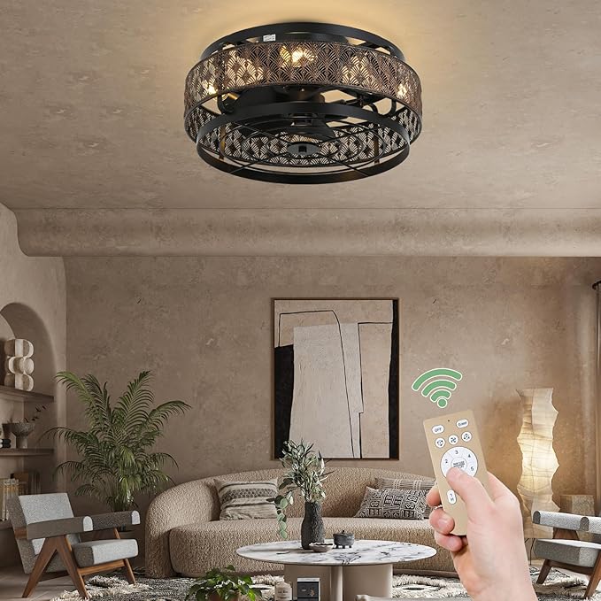 Low Profile Caged Ceiling Fan With Light&Remote, 17" Flush Mount Farmhouse Ceiling Fan, Enclosed Rustic Ceiling Fan with Reversible Motor, Black and Gold Industrial Ceiling Fixture for Bedroom/Kitchen