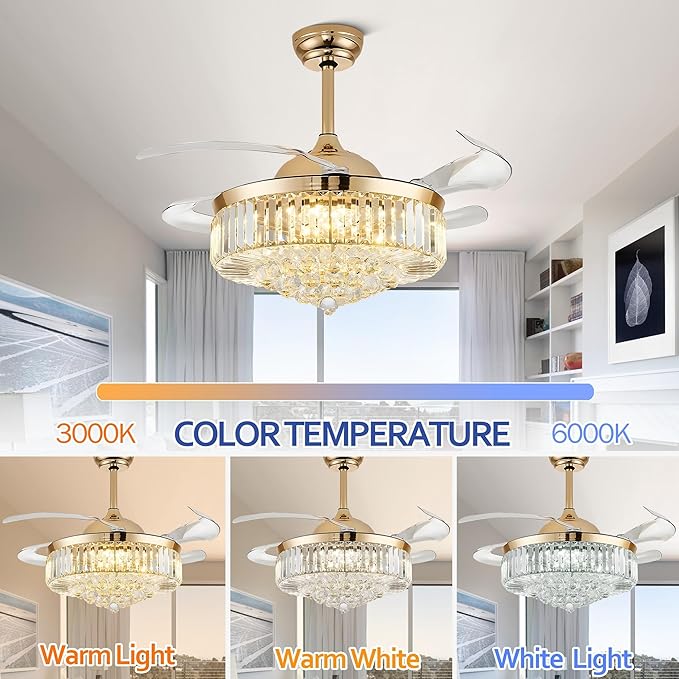 42'' Gold Crystal Chandelier Fan Fandelier Retractable Ceiling Fan with Light and Remote, Invisible Fandelier Ceiling Fan with Light for Bedroom Living Room(crystal-gold)