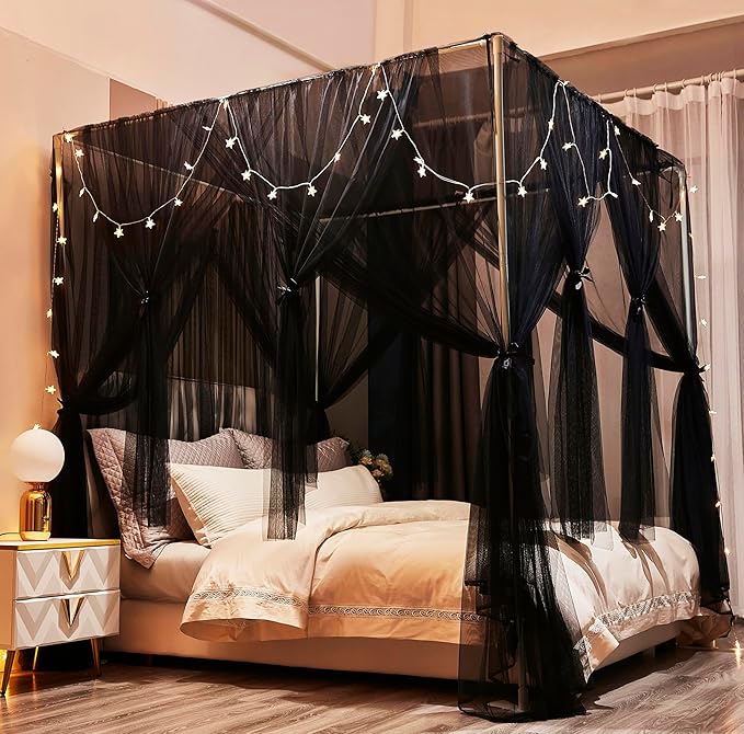 Mengersi Bed Canopy Canopy Bed Curtains with Lights- 4 Corners Post Royal Bed Drapes Mosquito Net- Elegant Bedroom Decoration Accessories for Adults(Twin,Black)