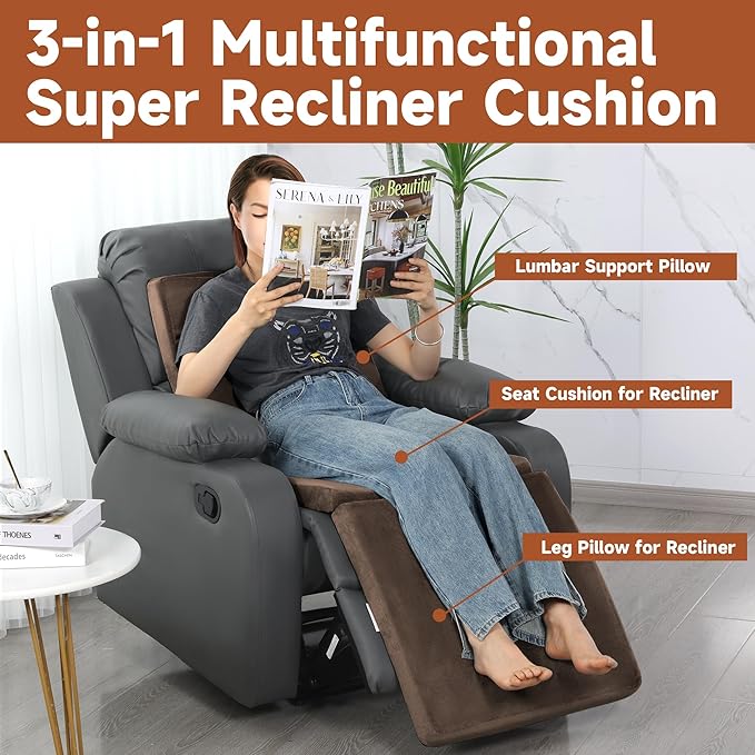 HOMBYS 3-in-1 Recliner Seat Cushion with Lumbar Support Pillow & Footrest, Multi-Functional Adjustable Height 2" to 6" for You to Choose, Non-Slip Memory Foam Chair Cushion for Elderly, Brown