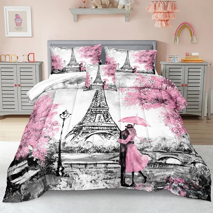 Bedbay Pink Paris Bedding Set King Size Eiffel Tower Comforter Set Romantic Couple French Style Duvet Set 4 Pcs Soft Lightweight Pink and Grey Down Comforter Set Paris Room Decor(Pink,King)