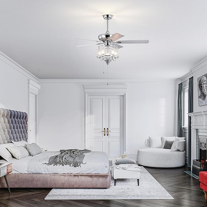 NicBex Ceiling Fan 52 Inch Modern Ceiling Fan with Lights Ceiling Fans with 5 Reversible Blades and Remote Control Ceiling Fan with Crystal Shade for Bedroom, Living Room, Silver