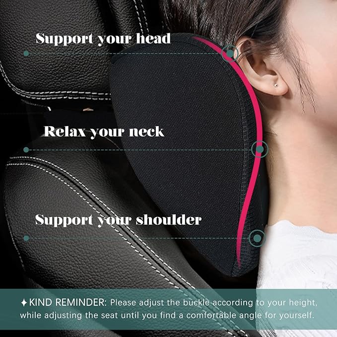 Super Fit Car Headrest Pillow, Car Pillow for Driving with Adjustable Strap, 100% Memory Foam Neck Pillow, Breathable Removable Cover & Ergonomic Design - Softness Travel Car Neck Pillow(Black, 1Pc)