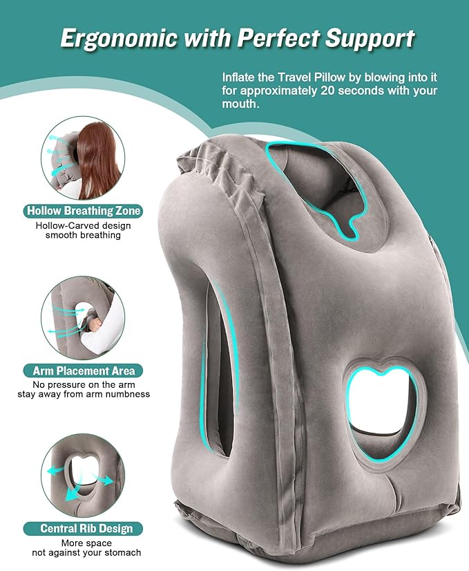 JefDiee Inflatable Travel Pillow, Airplane Neck Pillow Comfortably Supports Head and Chin for Airplanes, Trains, Cars Office Napping on The Tray Table (Grey)