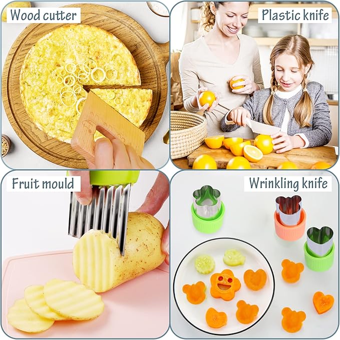 17PCS Wooden Kids Kitchen Knife,4PCS Plastic Serrated Edge Toddler Knife,Nylon Kids knife Set With Kids Apron Gloves Cutting Board Potato Slicers and Peeler DIY Mold,Kids Kitchen Tool for Real Cooking