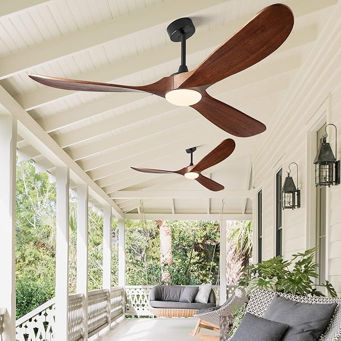 Ceiling Fans with Lights, 60 Inch Solid Wood Propeller Ceiling Fans with Lights and Remote Control Outdoor Ceiling Fan for Patios Indoor Living Room 3 Blades, DC Motor ETL Listed, Dark Walnut