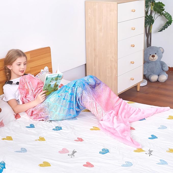 Catalonia Kids Mermaid Tail with Sleep Mask, Super Soft Flannel Sleeping Snuggle Blanket for Girls, Fish Scale Pattern, Birthday Gift for Daughter