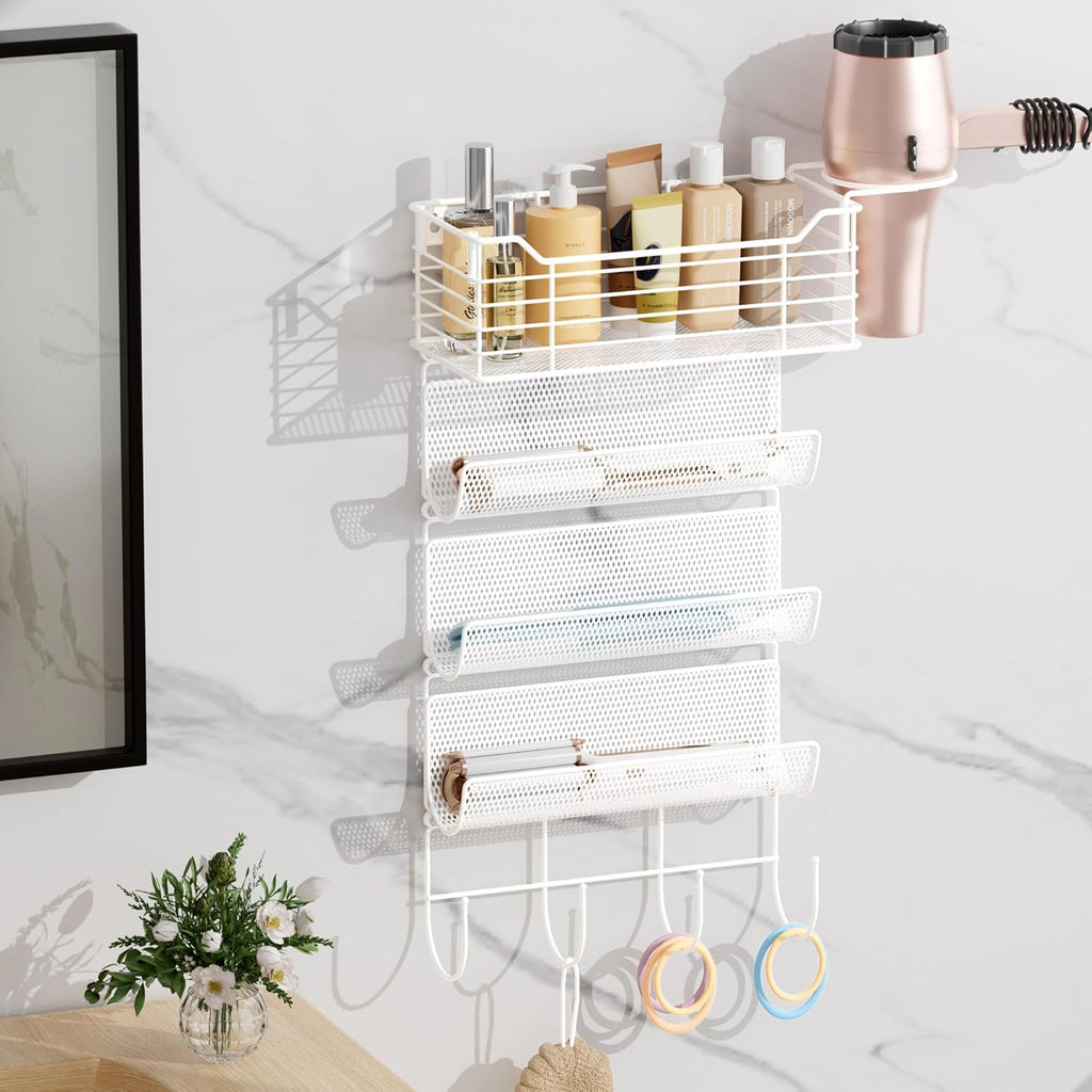 VITVITI Metal Hair Tool Organizer Wall Mount, Hair Dryer Holder with 4 Tier Shelf Basket Hooks, Bathroom Hairs Styling Tool Organizer for Curling Iron/Blow Dryer/Straightener, White