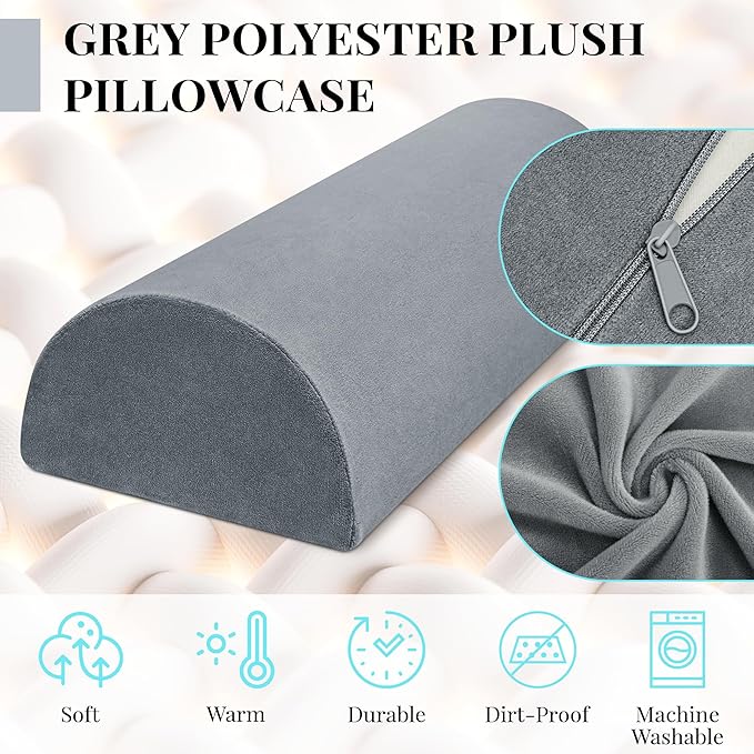 Knee Pillow for Side Sleepers Memory Foam Leg Pillows for Sleeping Yoga Bed Half Moon Bolster Pillow for Neck Pain Relief with Pillowcase 20.5x8x4.5 Inches(Fleece Grey, Standard Size)