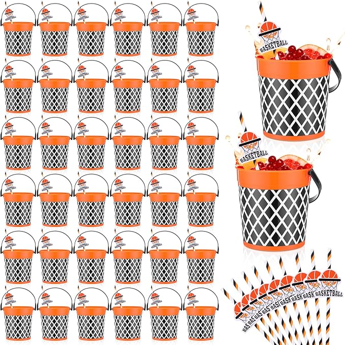 36 Pcs 32oz Basketball Party Favors Rum Buckets Plastic Basketball Cocktail Buckets for Drinks Plastic Ice Pail Bulk with Handle and Straw Reusable Punch Bowls for Drinkware Beer Beverage