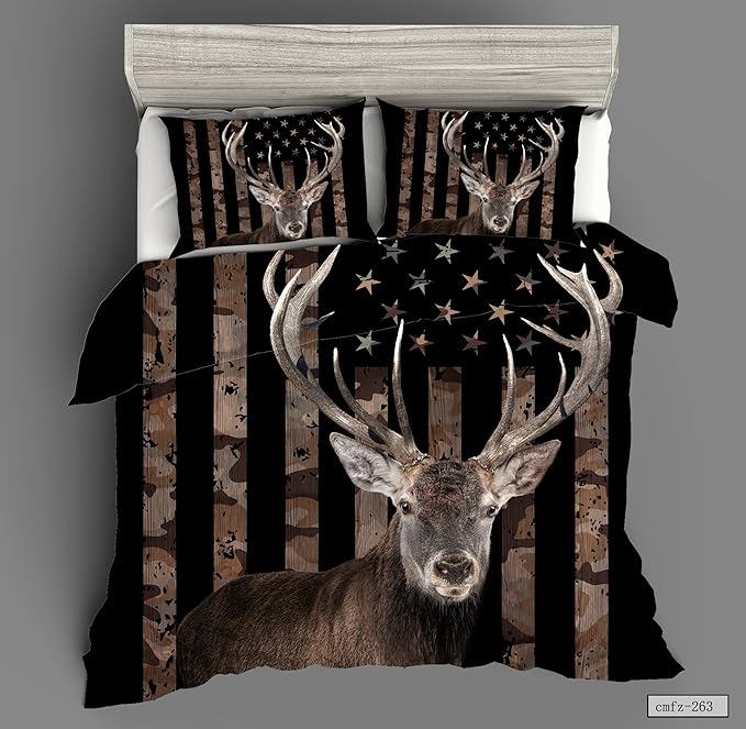 Bedbay American Flag Bed Comforter Queen Hunting Deer Bedding Boys Girls Bedroom Decor Camo Bedding Down Alternative Comforter Camouflage Quilt Set 4 Pcs Lightweight Comforter Queen(Deer,Queen)
