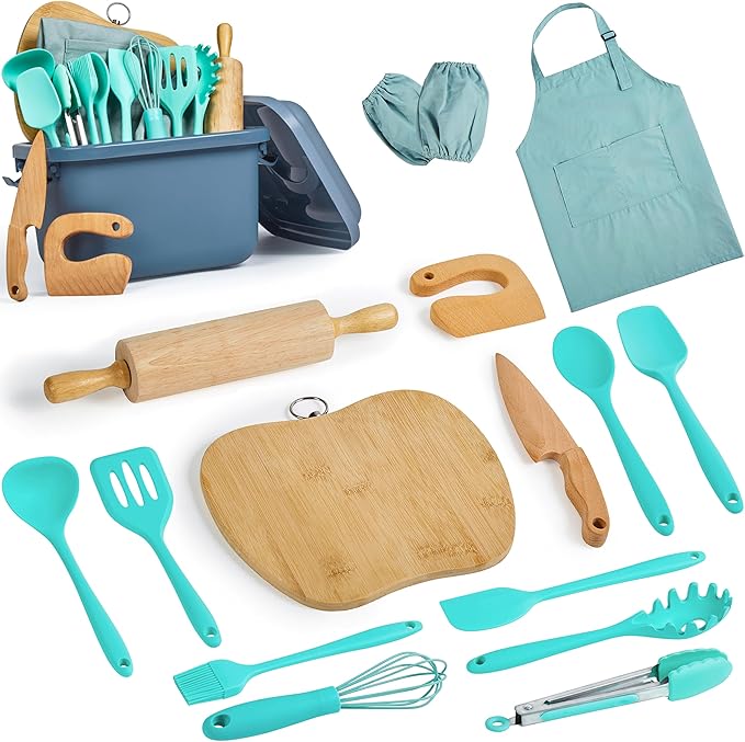 Kids Cooking & Baking Sets Real Little Chef Cooking Utensils Kitchen Set Gifts for Girls Boys Juniors with Utensils Cutting Board Kids Safe Knife Rolling Pin Apron Storage Box (Blue Green)