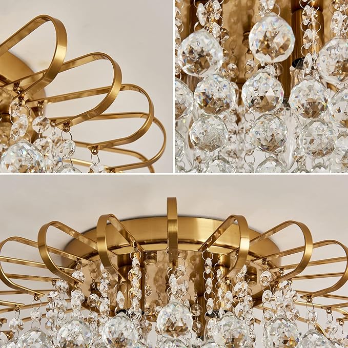 CVKASH 4-Lights Crystal Chandelier Modern Semi Flush Mount Ceiling Light Fixture Ceiling Lighting for Living Room Hallway Dining Room Kitchen Bedroom (Gold)