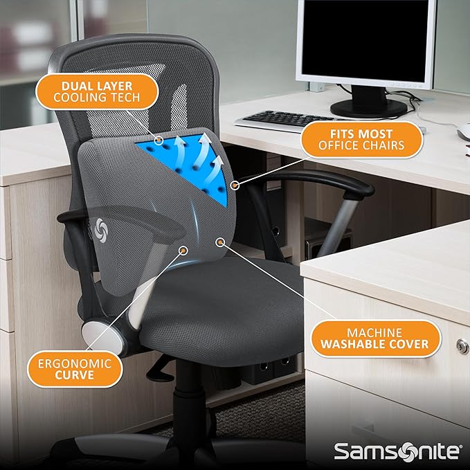 SAMSONITE, Gel-Infused Memory Foam Lumbar Support Pillow with Enhanced Airflow Design for Cooling Experience, Fits Most Office Chairs and Car Seats, Lower Back Cushion for Enhanced Ergonomic Benefits…