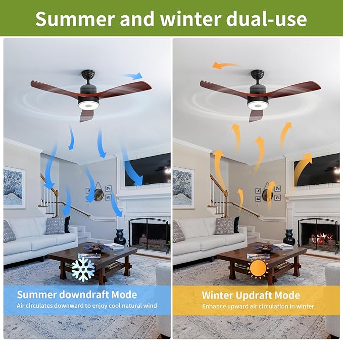 52 Inch Wood Ceiling Fan with RGB Dimming LED Light,with Music Bluetooth Speaker,Remote Control,3-Speed Regulation, Reversible Motor,Timing,for Living Room,Bedroom,Restaurant,Outdoor