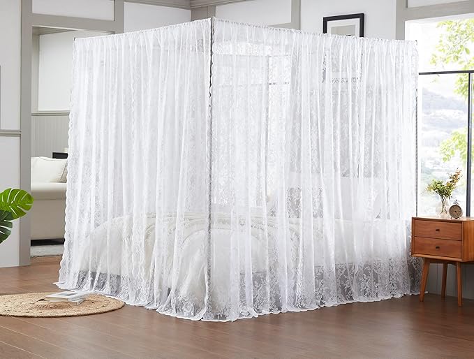 Warm Home Designs Lace Canopy Bed Curtains Set Consists of 8 48" x 78" White Canopy Curtains with Tie-Backs. Queen Canopy Bed Curtains or King Bed Canopy Curtains for Coquette Bedroom Decor. LC White