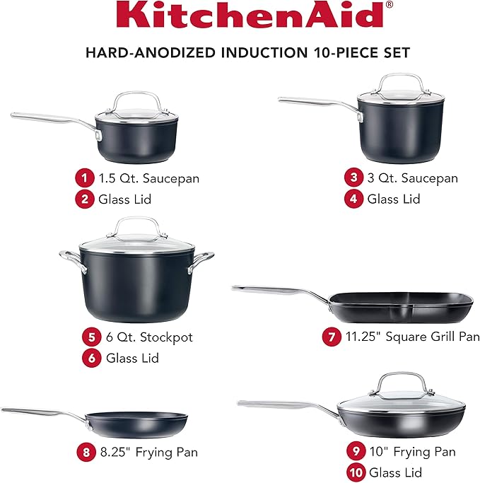 KitchenAid Hard Anodized Induction Nonstick Cookware Pots and Pans Set, 10 Piece, Matte Black