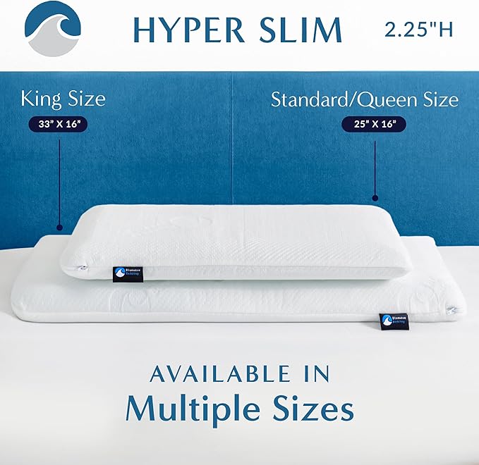 Bluewave Bedding Hyper Slim Gel Memory Foam Pillow for Stomach and Back Sleepers - Thin, Flat Design for Cervical Neck Alignment and Deeper Sleep (2.25-Inches Height, King Size)