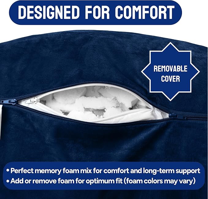 ComfortSpa Reading Pillow for Bed Adult Size, Back Rest Pillow with Arms, Pockets, Washable Cover; Use as Back Pillow for Bed Sitting Up for Bedrest or Relief from GERD Heartburn (Large Navy Blue)