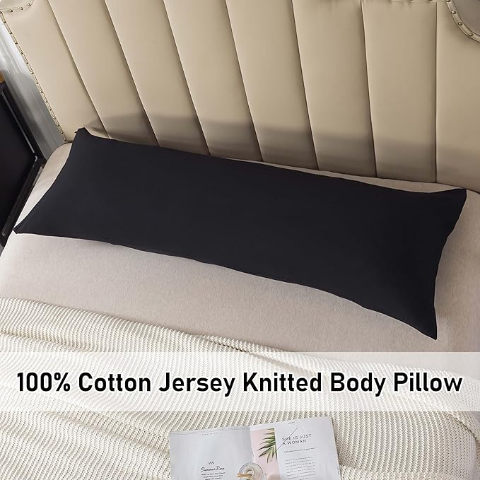 WhatsBedding Memory Foam Body Pillow with 100% Cotton Jersey Knitted Cover, Luxury Soft Large Long Pillow for Adults, Firm Full Body Pillow with Removable Zippered Pillow Case - Black