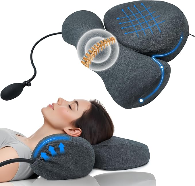 Cervical Neck Pillow Adjustable Memory Foam Pillows with Inflatable Tube, Ergonomic Contour Neck Pillow for Neck Pain Relief,Support Pillow for Side Back Stomach Sleeper